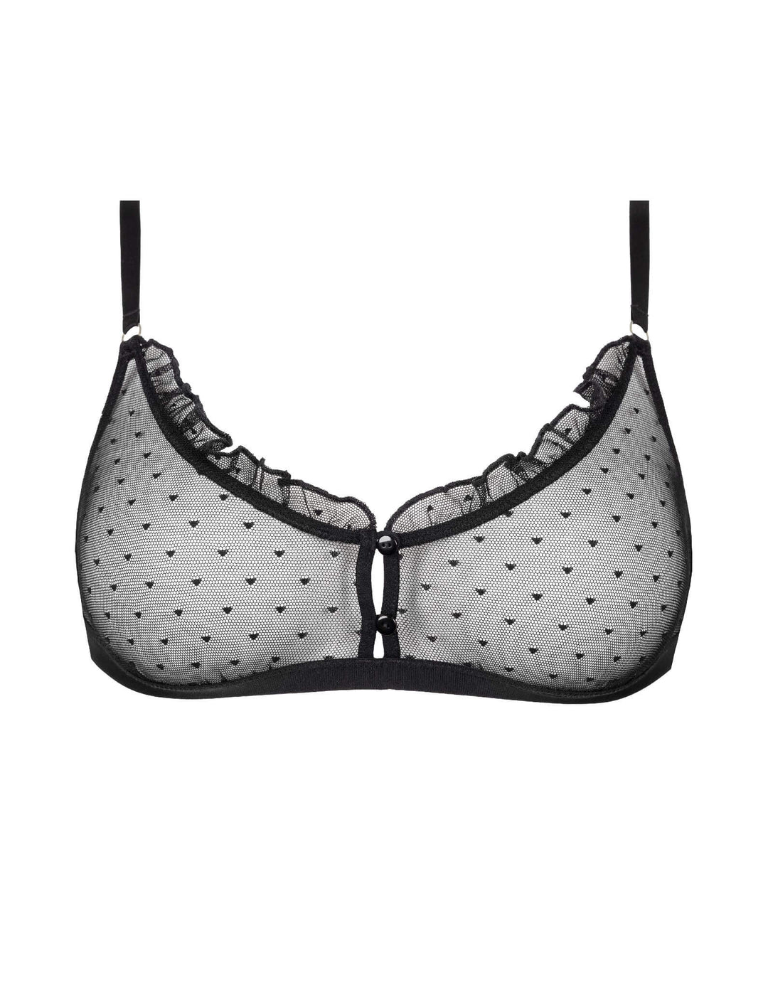 Atelier Amour Coup de Foudre Bralette in black plumetis tulle with ruffle and button details