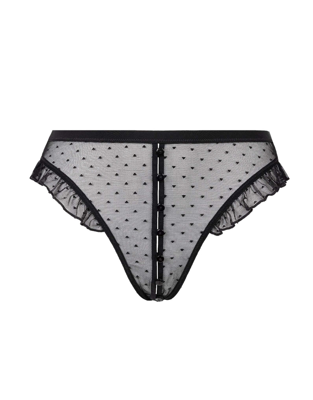 Atelier Amour Coup de Foudre Open Thong in sheer plumetis tulle with ruffles and button details