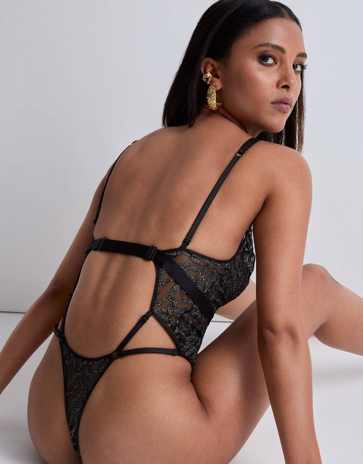 Aubade Moonlight Shadow bodysuit with silver embroidery and cut-outs back