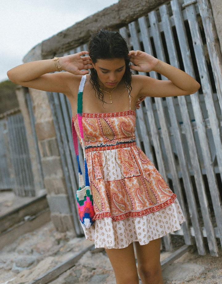 Boteh Cravat Bodice Mini Dress - Travertine Print