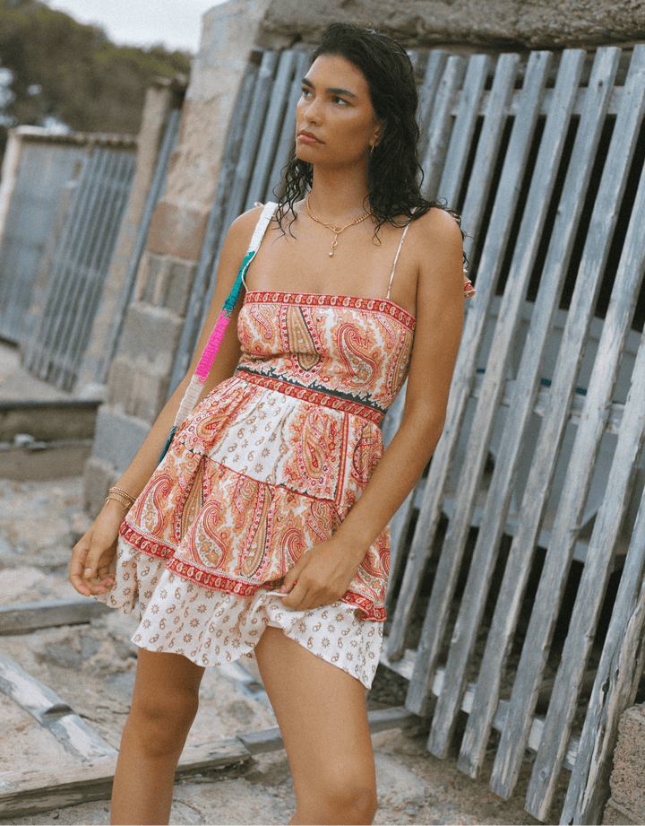 Boteh Cravat Bodice Mini Dress - Travertine Print