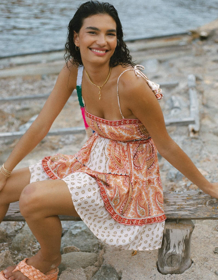 Boteh Cravat Bodice Mini Dress - Travertine Print