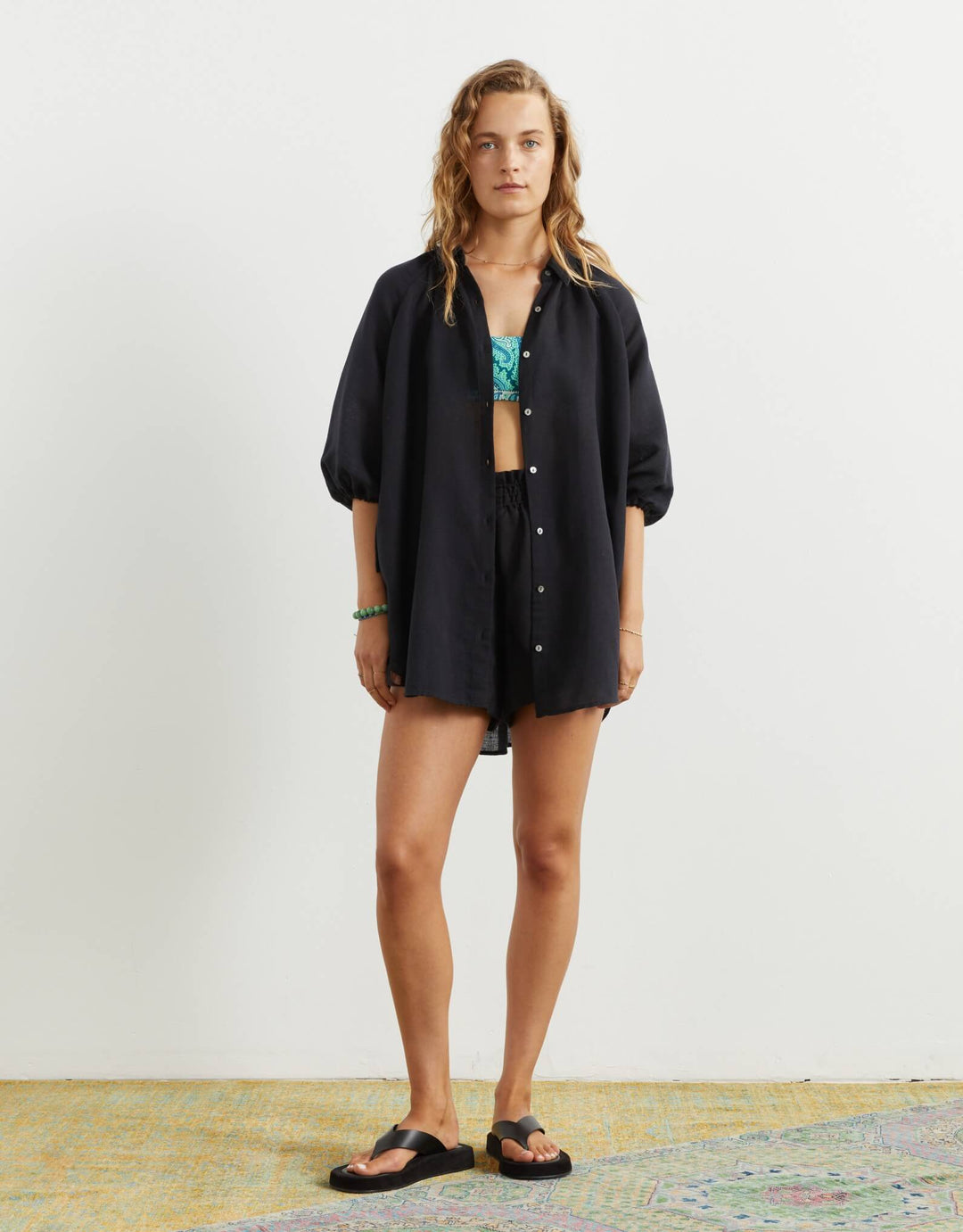 Boteh La Ponche Shirt Black Cotton Linen Beachwear