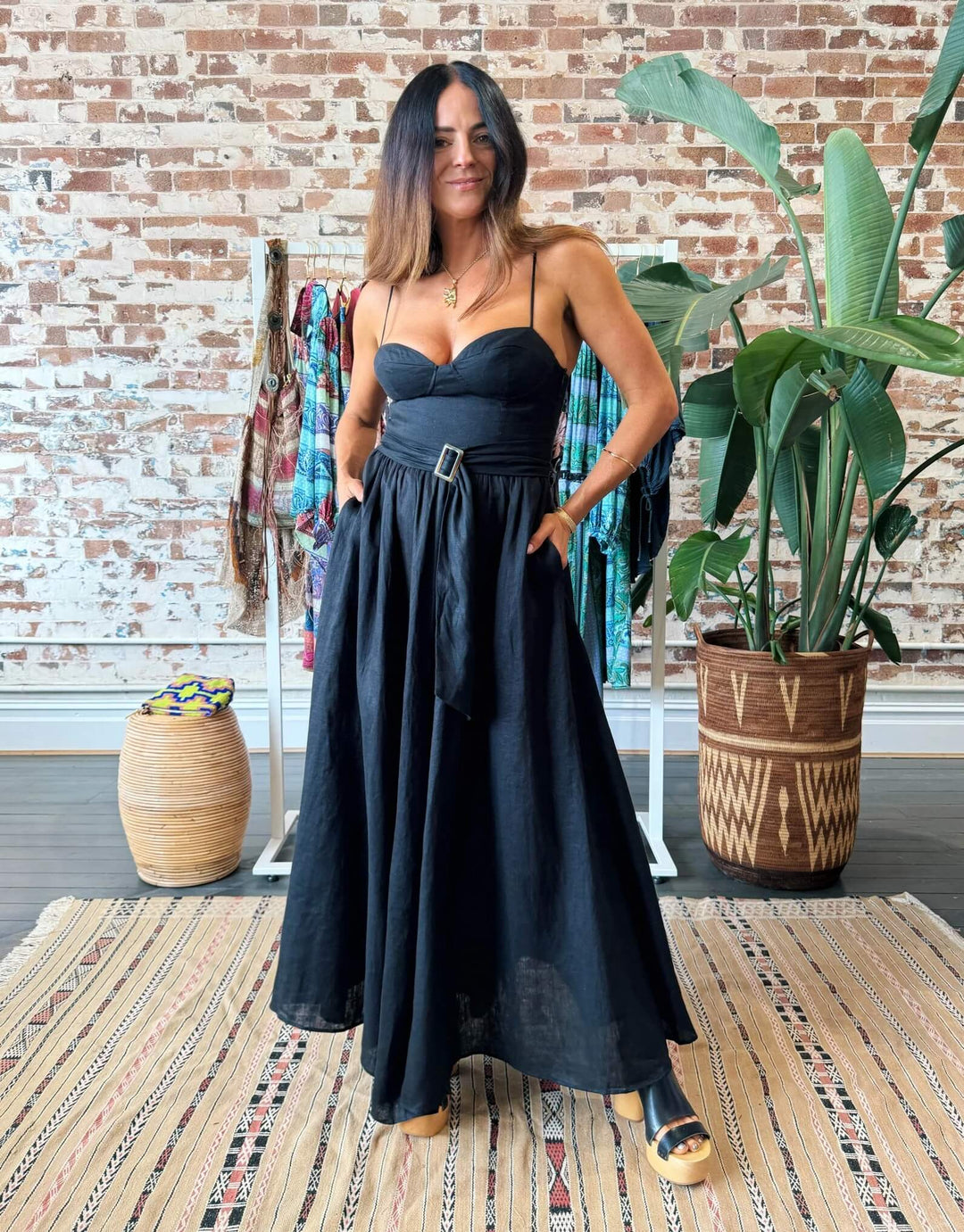 Boteh Alfresco Bodice Linen Maxi Dress Black