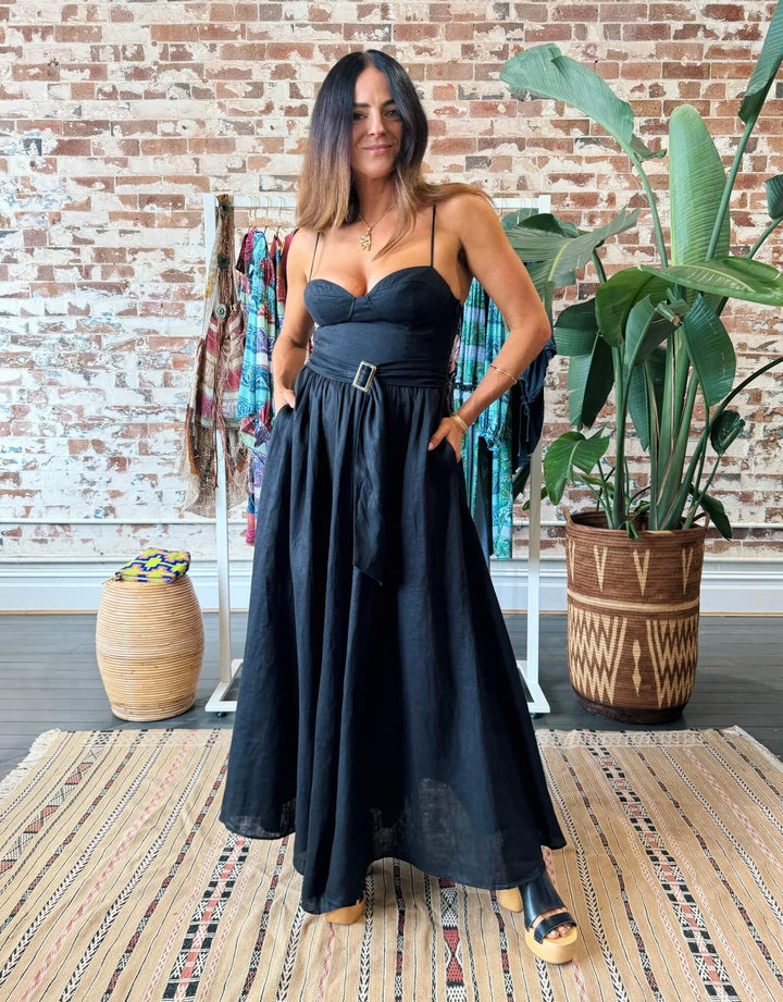 Boteh Alfresco Bodice Linen Maxi Dress Black