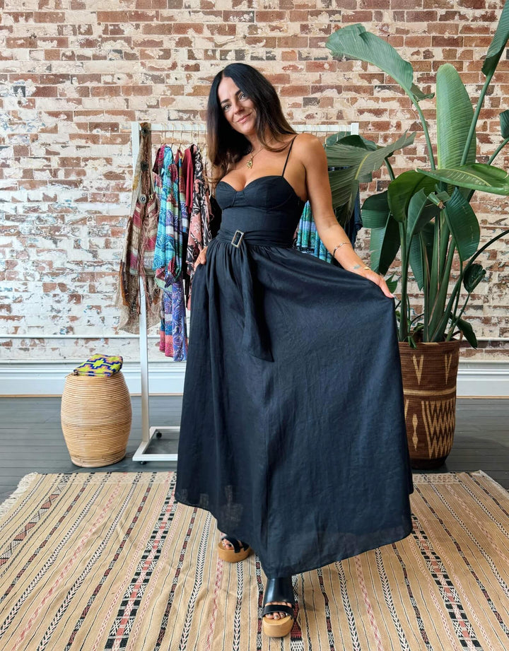 Boteh Alfresco Bodice Linen Maxi Dress Black