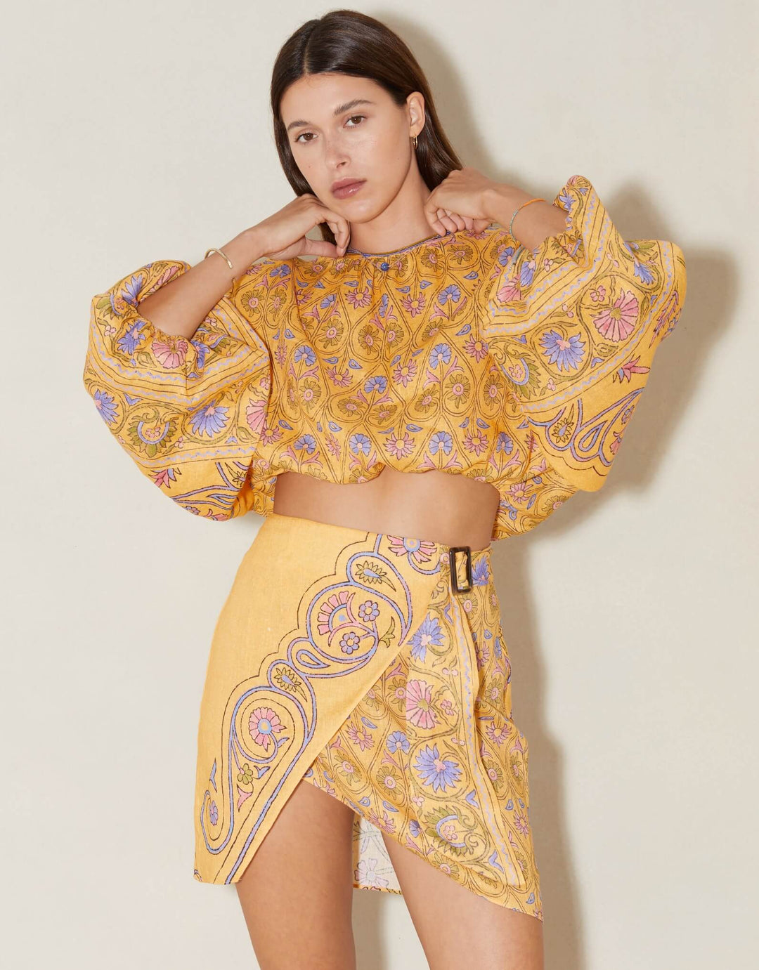 Boteh Darjeeling Wrap Mini Skirt, Mango Linen Resort wear