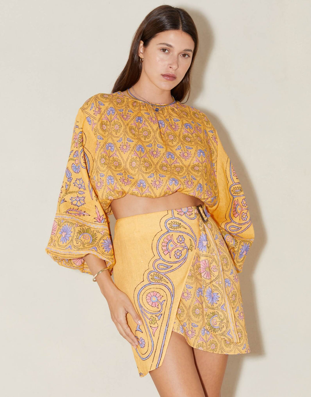 Boteh Darjeeling Wrap Mini Skirt, Mango Linen Resort wear