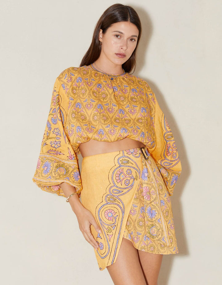 Boteh Darjeeling Wrap Mini Skirt, Mango Linen Resort wear