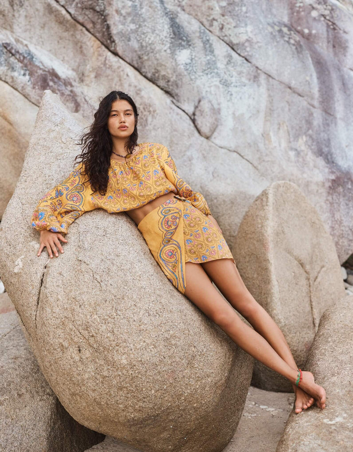 Boteh Darjeeling Wrap Mini Skirt, Mango Linen Resort wear