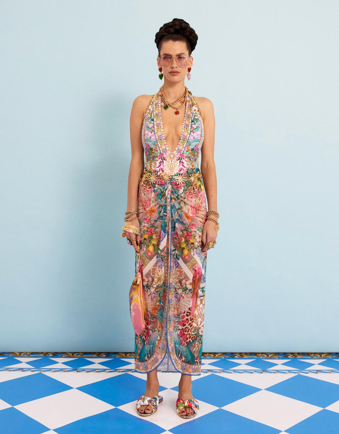 Camilla Twist Front Long Skirt, Flowers of Neptune