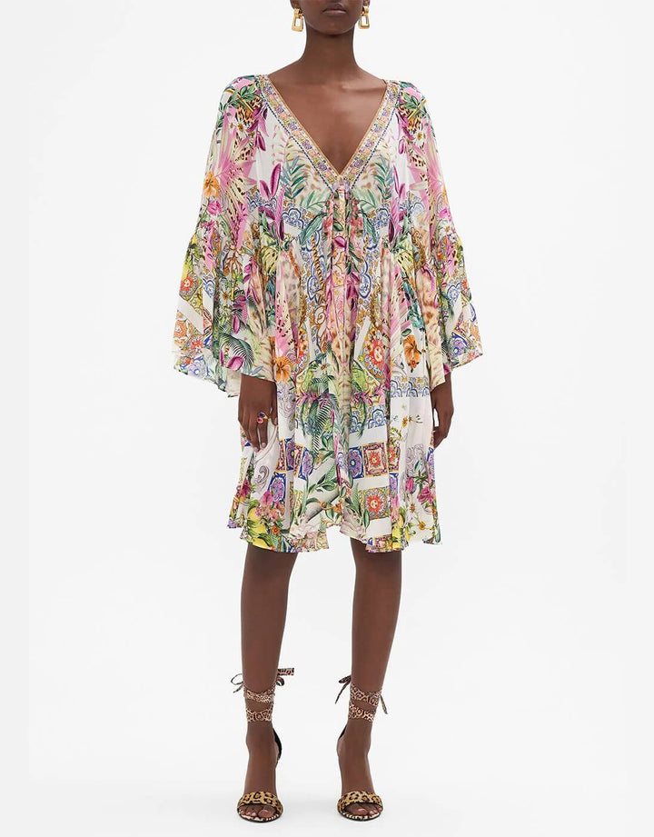 Camilla A Line Ruffle Sleeve Silk Floral Dress