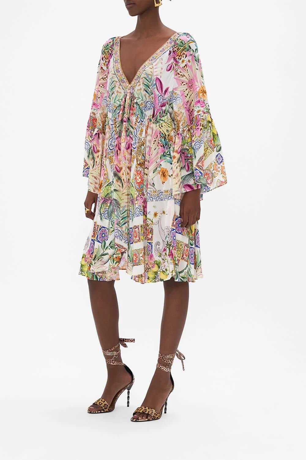 Camilla A Line Ruffle Sleeve Silk Floral Dress