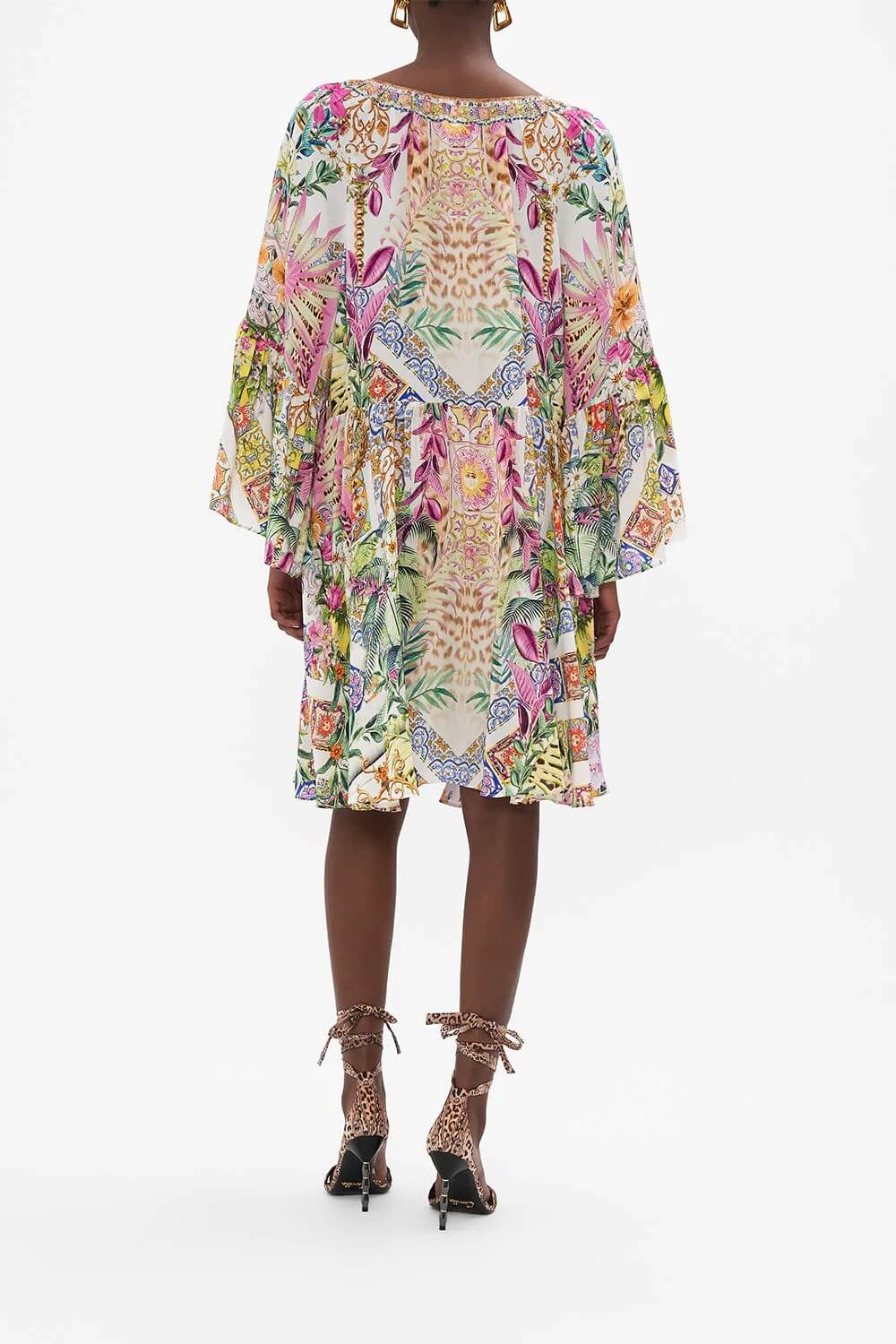 Camilla A Line Ruffle Sleeve Silk Floral Dress