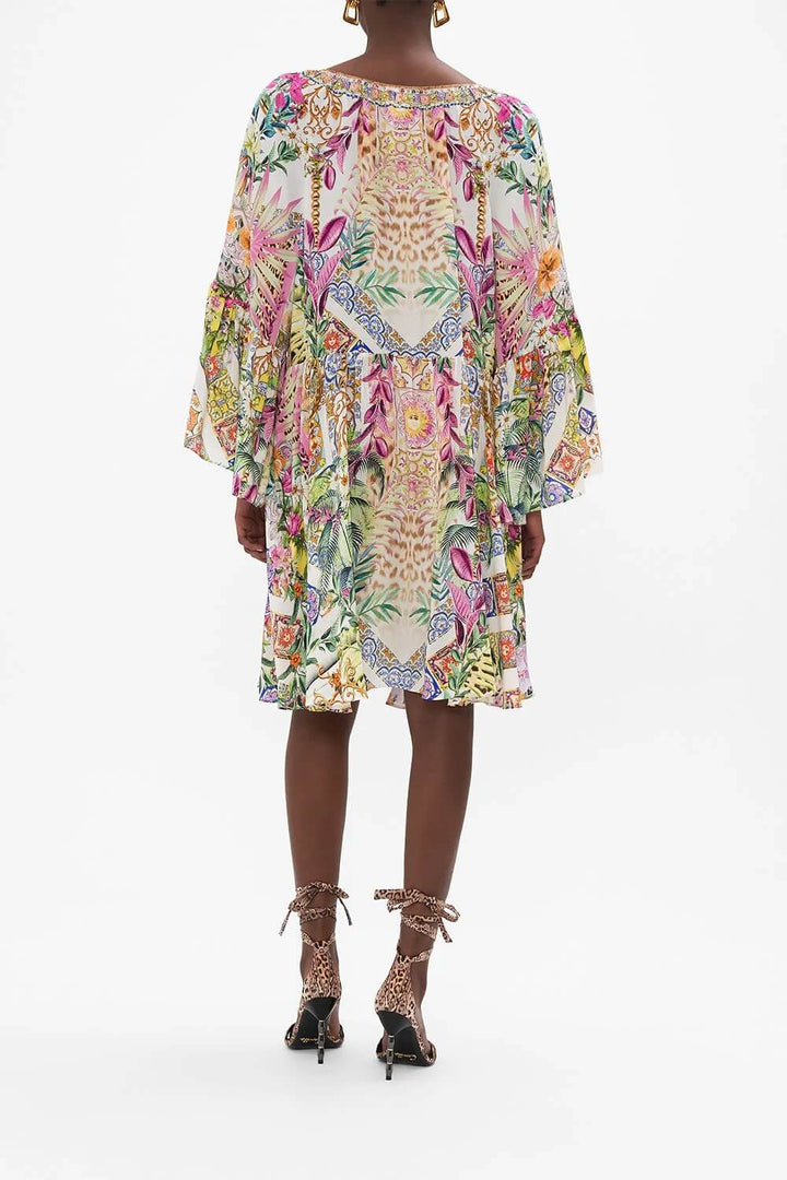 Camilla A Line Ruffle Sleeve Silk Floral Dress