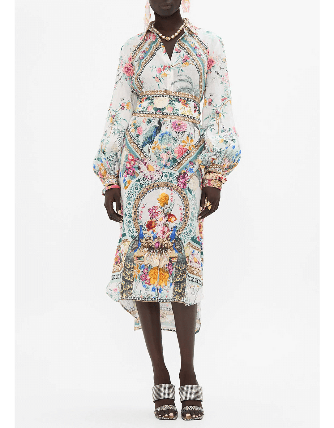 Camilla High Low Midi Linen Shirt Dress, Plumes Parterres White Floral