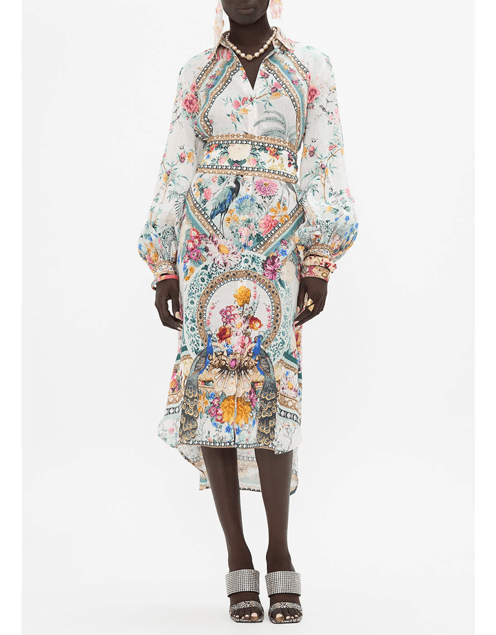 Camilla High Low Midi Linen Shirt Dress, Plumes Parterres White Floral