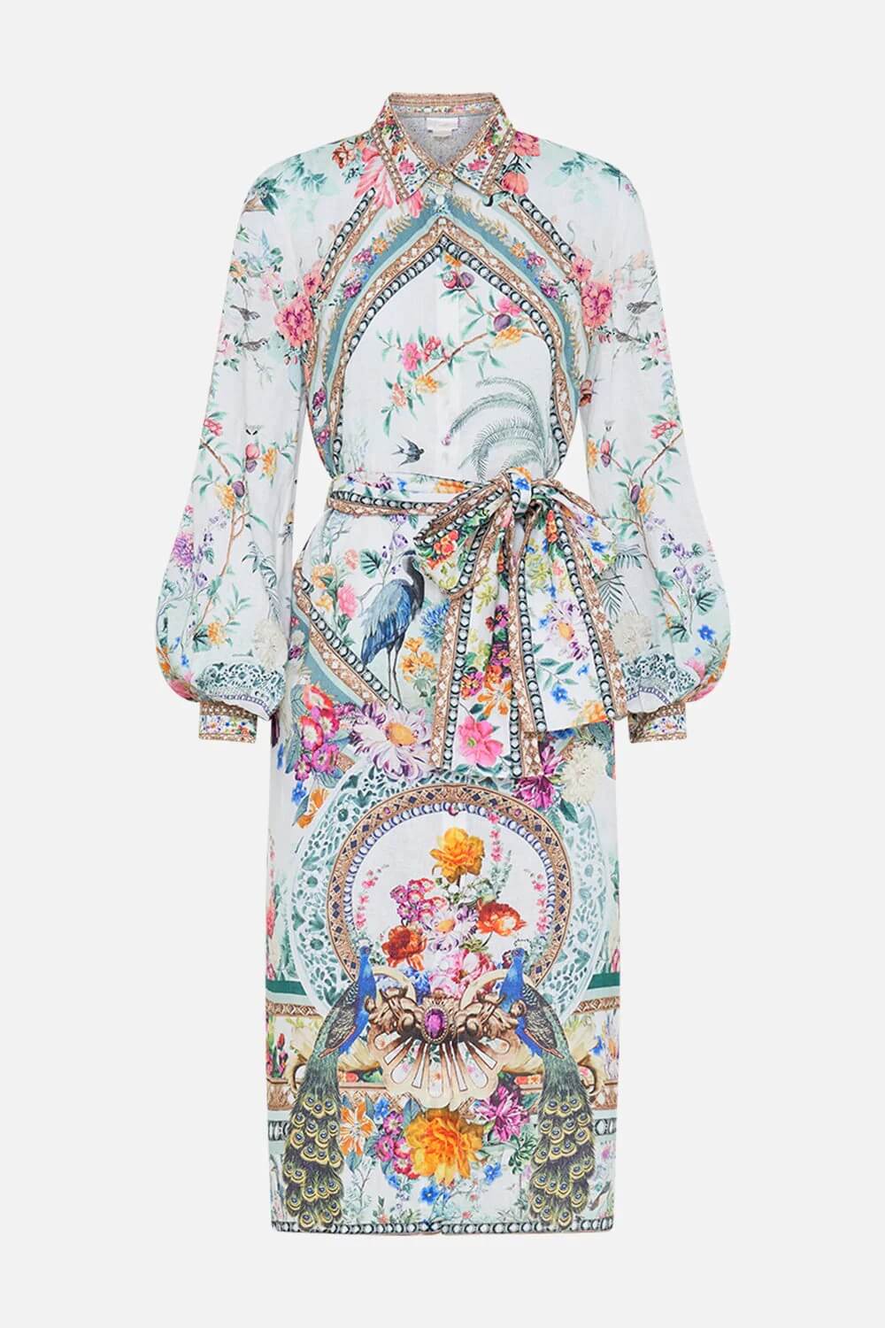 Camilla High Low Midi Linen Shirt Dress, Plumes Parterres White Floral