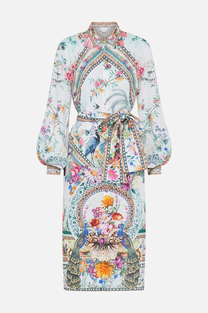 Camilla High Low Midi Linen Shirt Dress, Plumes Parterres White Floral
