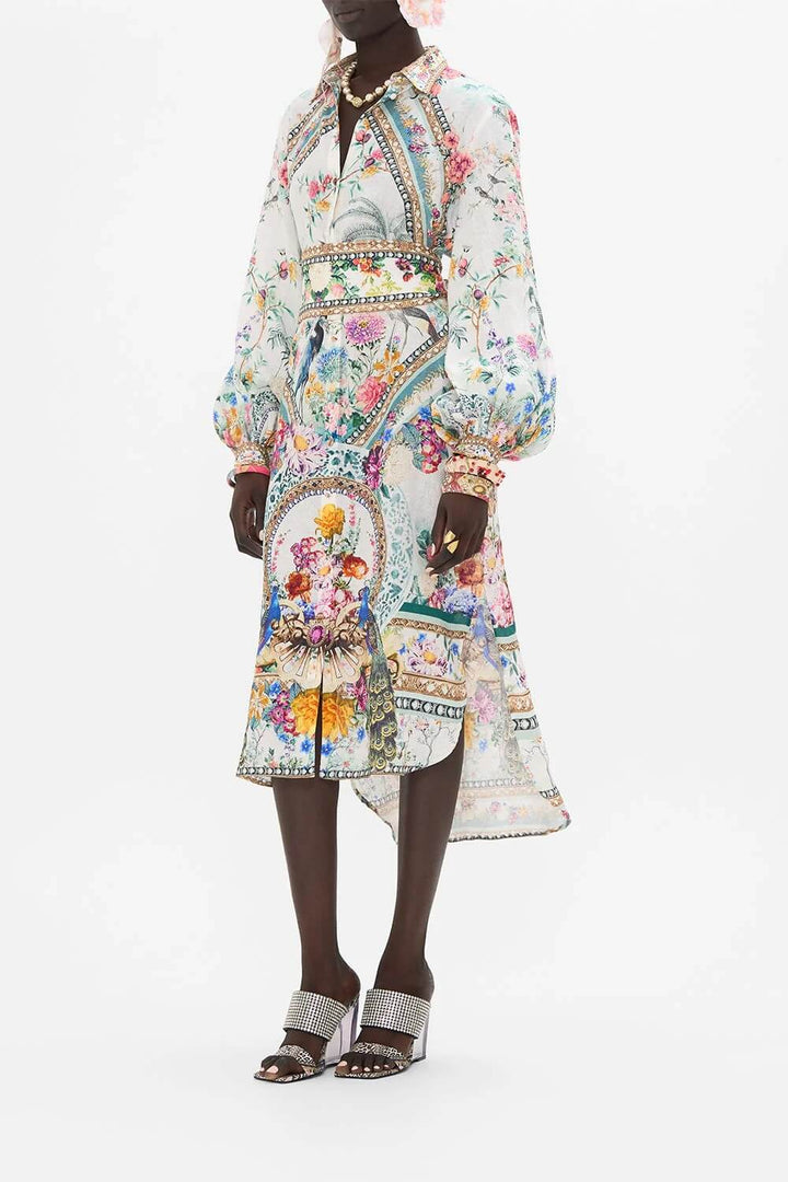 Camilla High Low Midi Linen Shirt Dress, Plumes Parterres White Floral