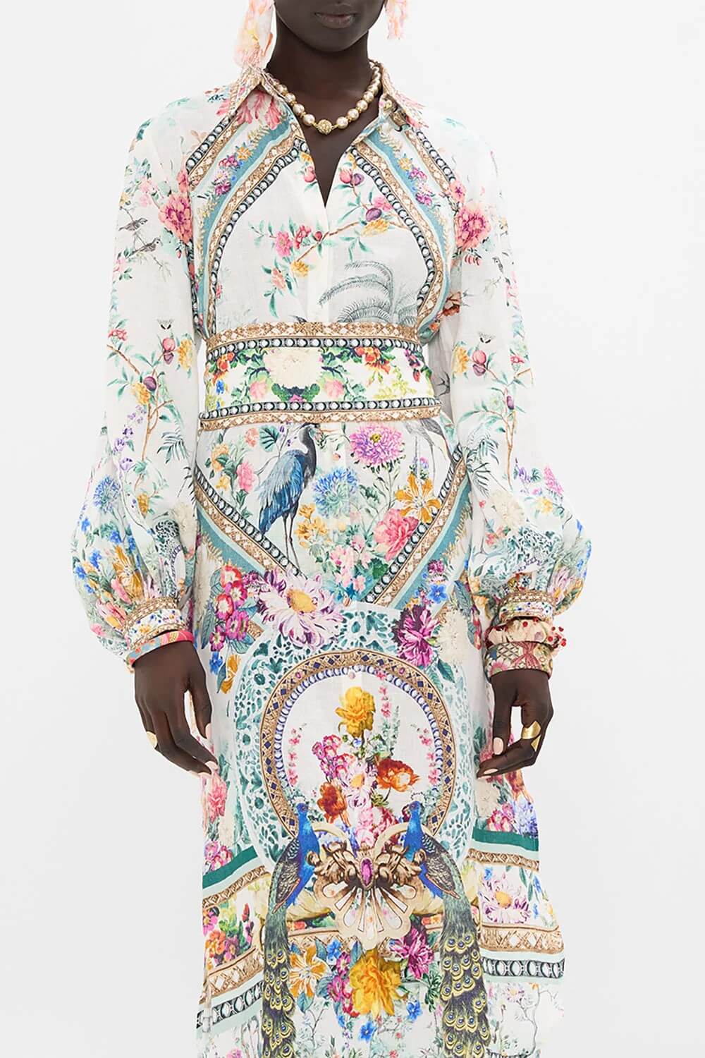 Camilla High Low Midi Linen Shirt Dress, Plumes Parterres White Floral