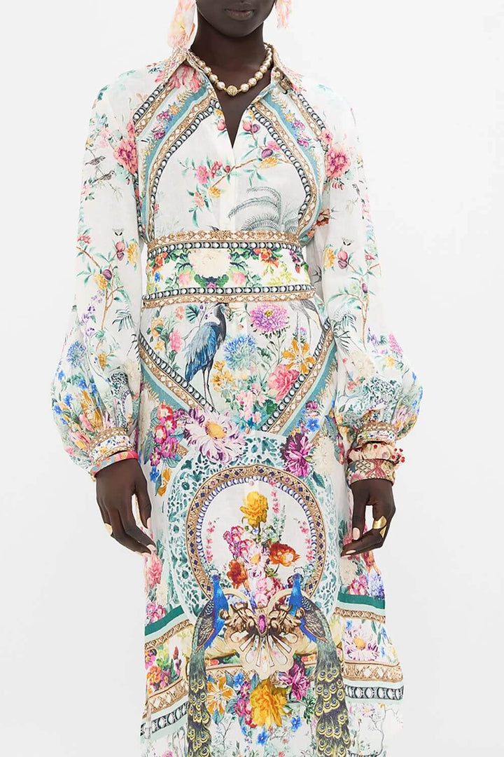 Camilla High Low Midi Linen Shirt Dress, Plumes Parterres White Floral