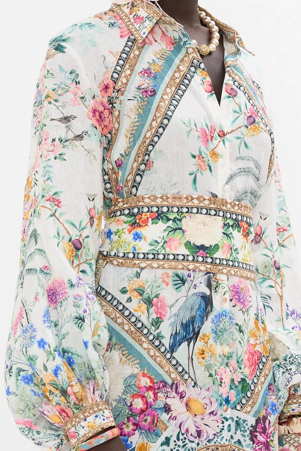 Camilla High Low Midi Linen Shirt Dress, Plumes Parterres White Floral