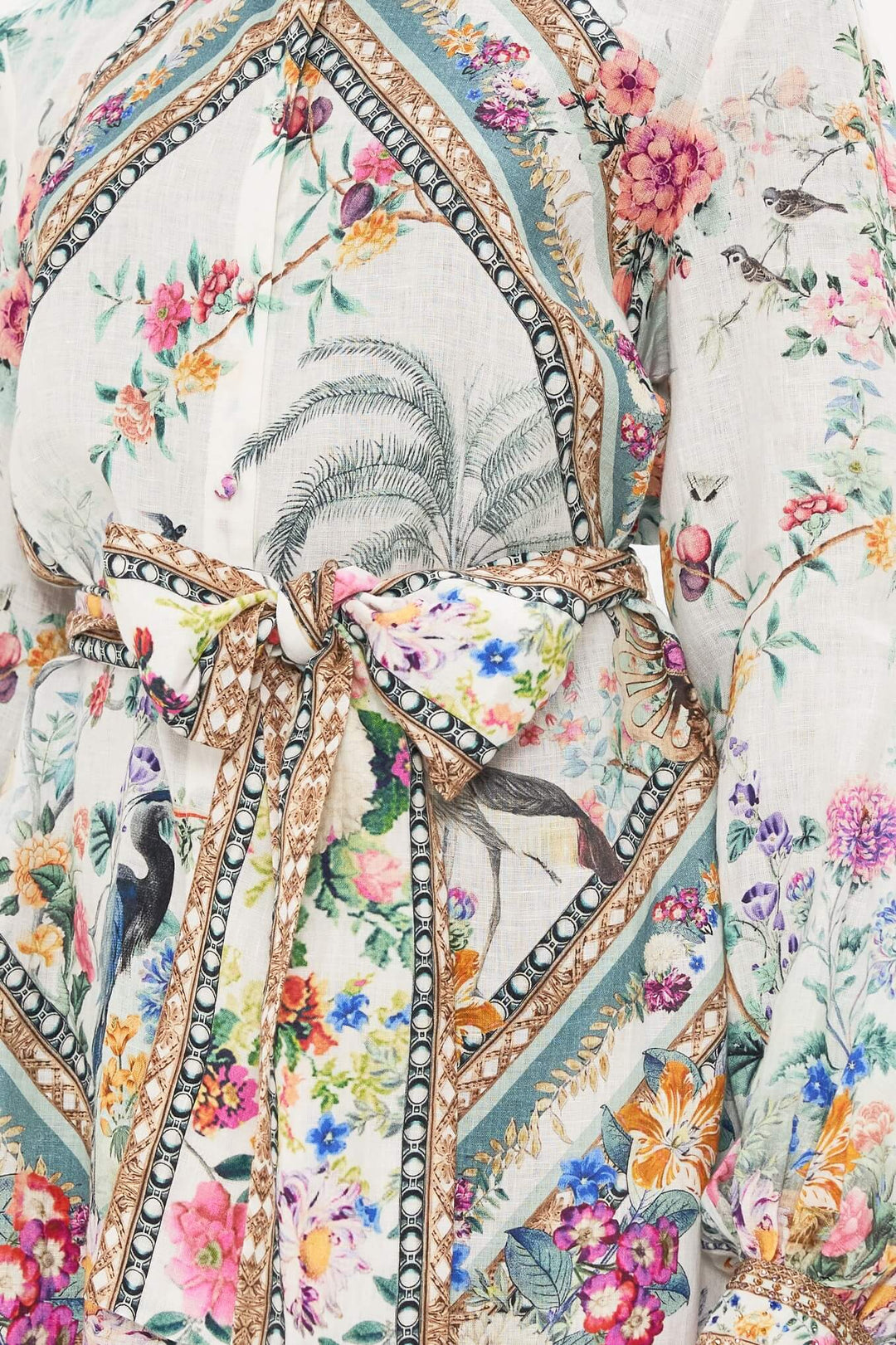 Camilla High Low Midi Linen Shirt Dress, Plumes Parterres White Floral