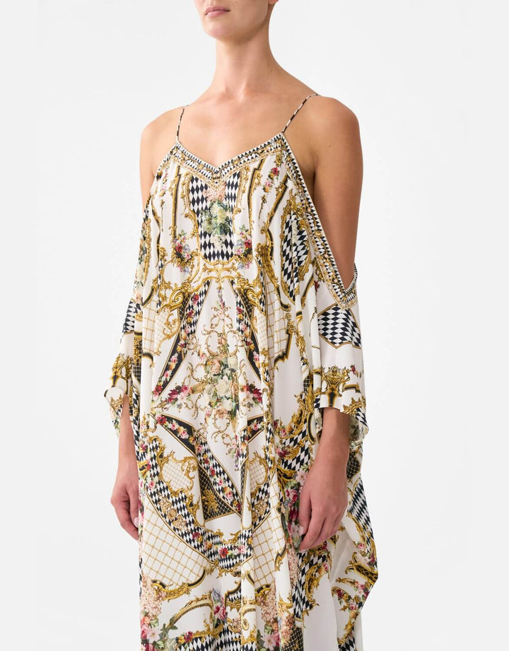 Camilla Shoestring Silk Strap Kaftan, Rococo Glow