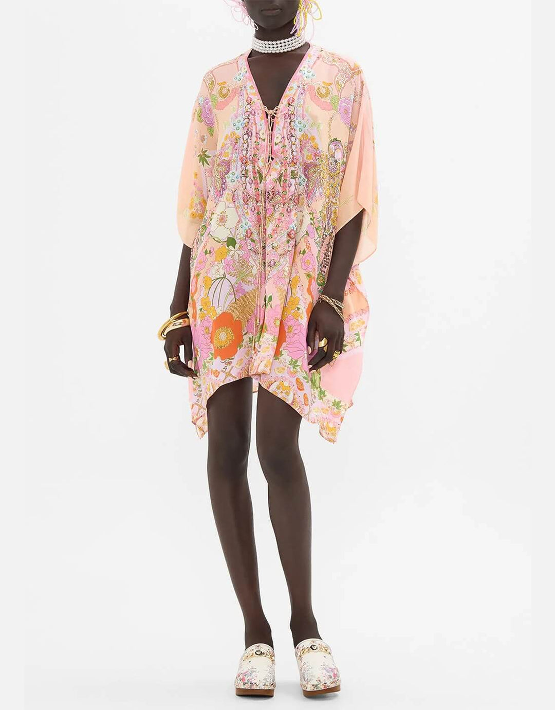 Camilla Short Silk Lace Up Kaftan Clever Clogs Pink Floral Print