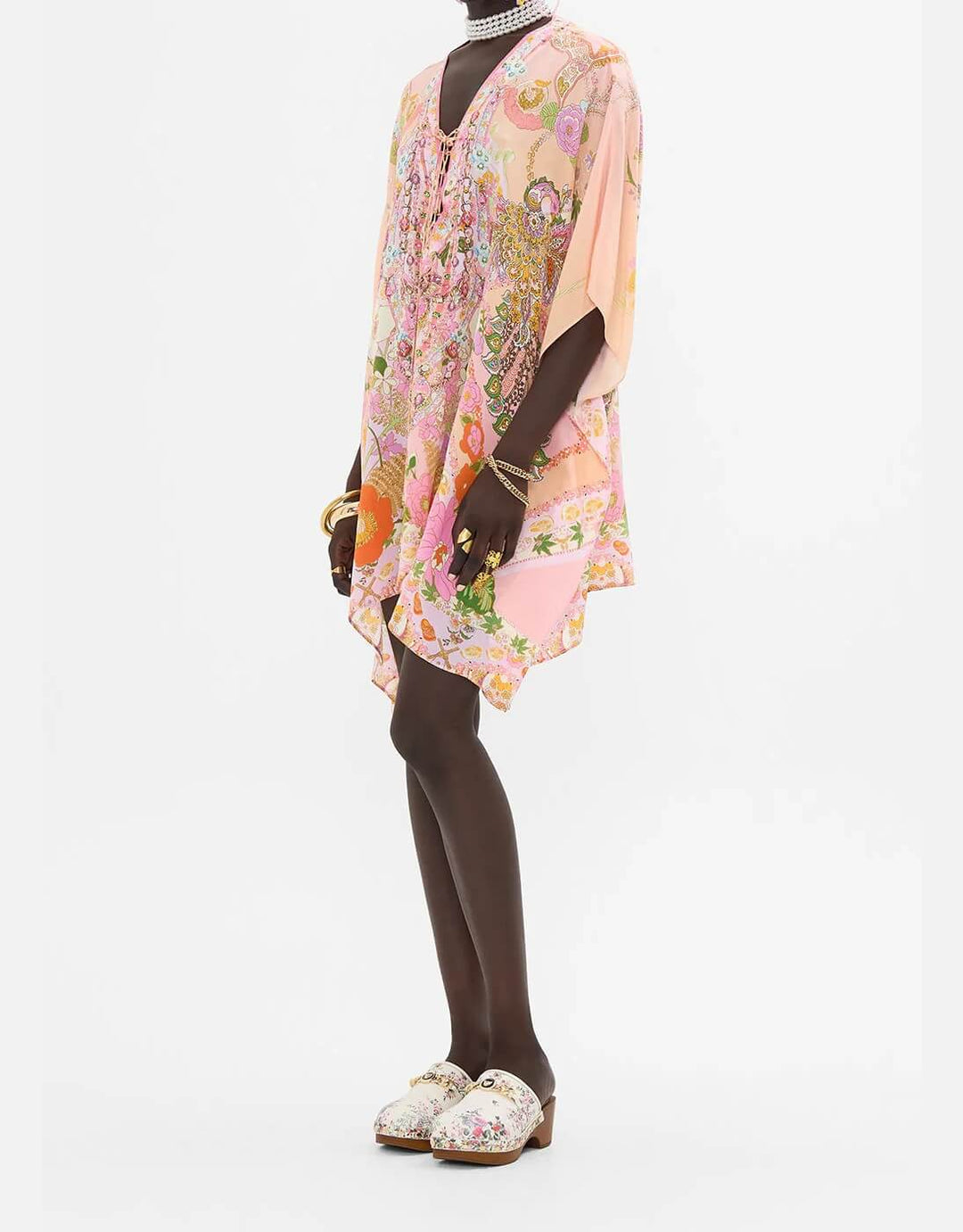 Camilla Short Silk Lace Up Kaftan Clever Clogs Pink Floral Print
