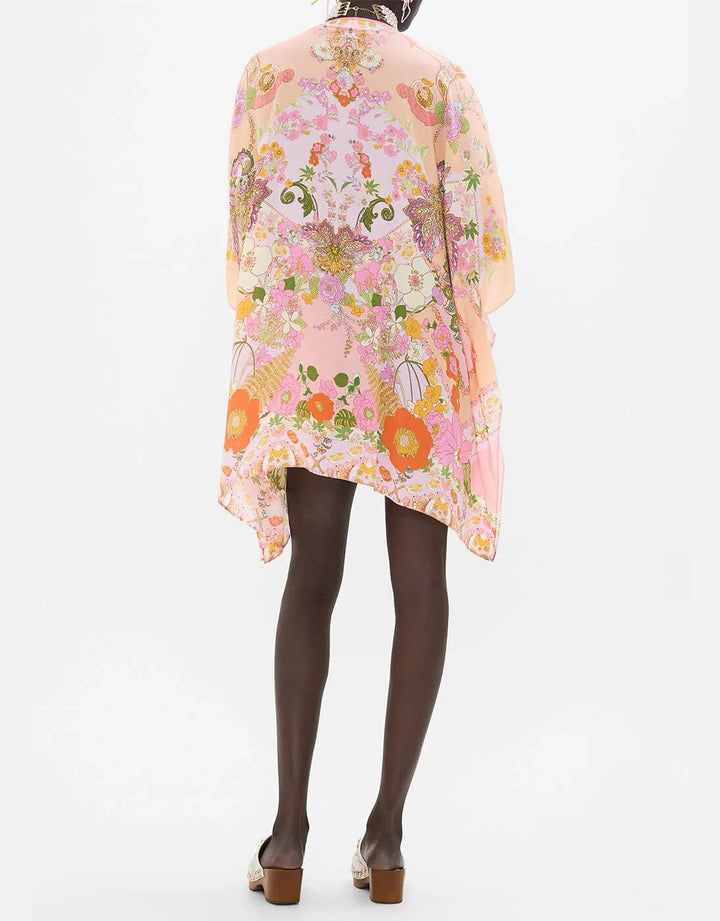 Camilla Short Silk Lace Up Kaftan Clever Clogs Pink Floral Print