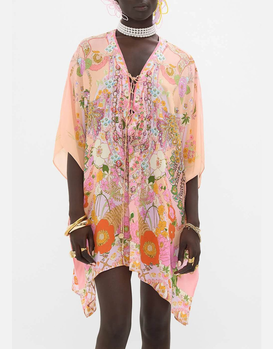 Camilla Short Silk Lace Up Kaftan Clever Clogs Pink Floral Print
