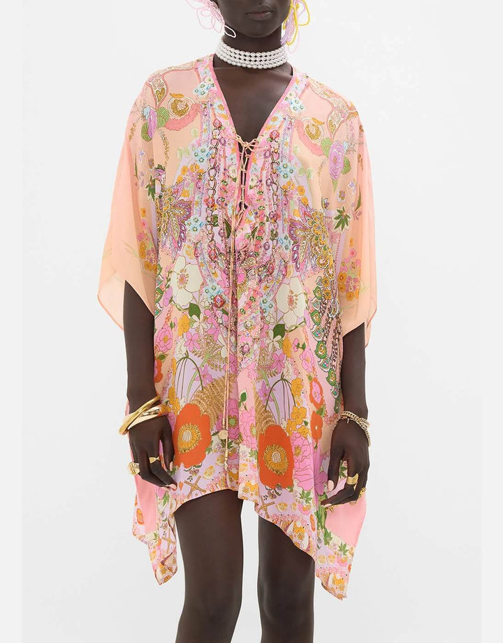 Camilla Short Silk Lace Up Kaftan Clever Clogs Pink Floral Print