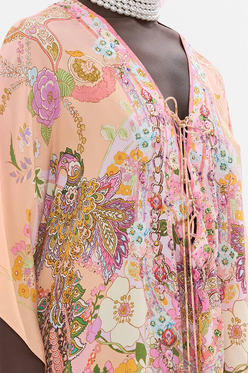 Camilla Short Silk Lace Up Kaftan Clever Clogs Pink Floral Print