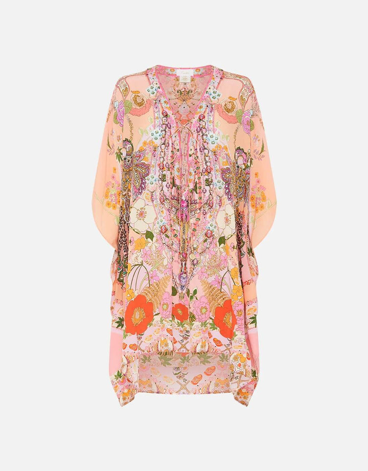 Camilla Short Silk Lace Up Kaftan Clever Clogs Pink Floral Print