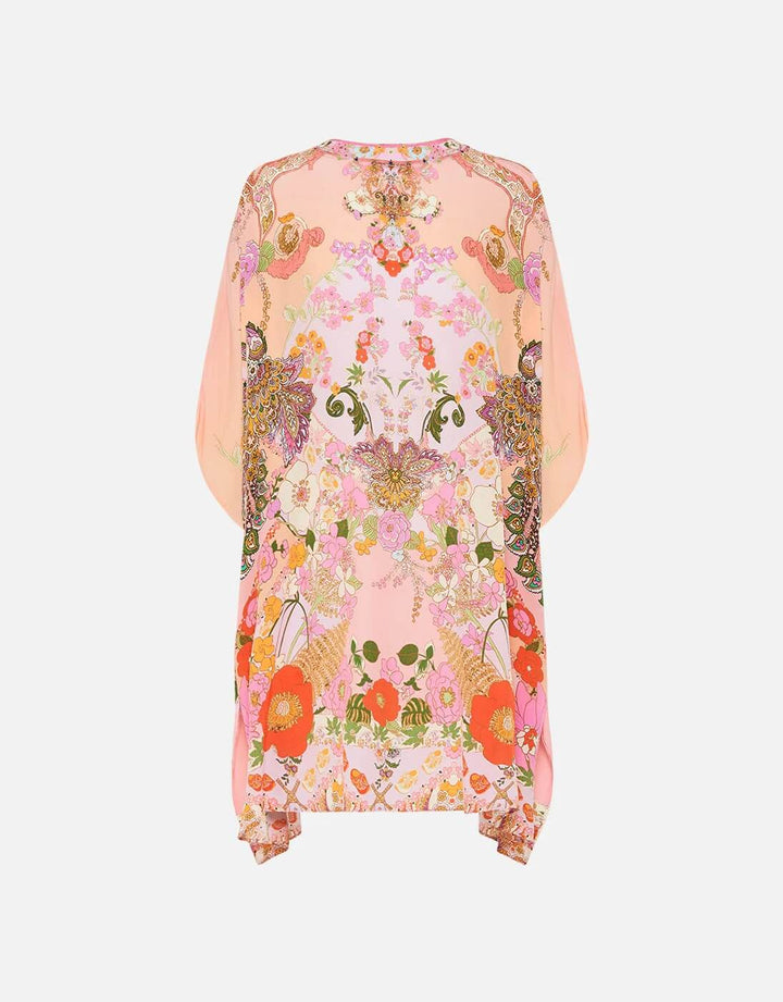 Camilla Short Silk Lace Up Kaftan Clever Clogs Pink Floral Print