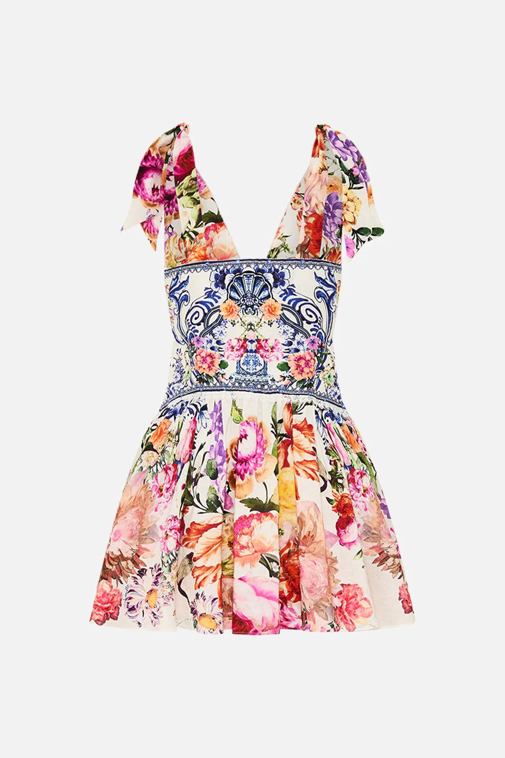 Camilla Tie Shoulder Short Linen Silk Dress, Dutch Is Life Floral