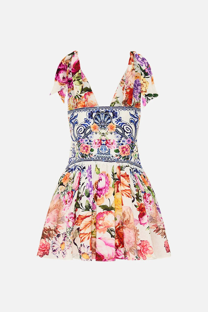 Camilla Tie Shoulder Short Linen Silk Dress, Dutch Is Life Floral