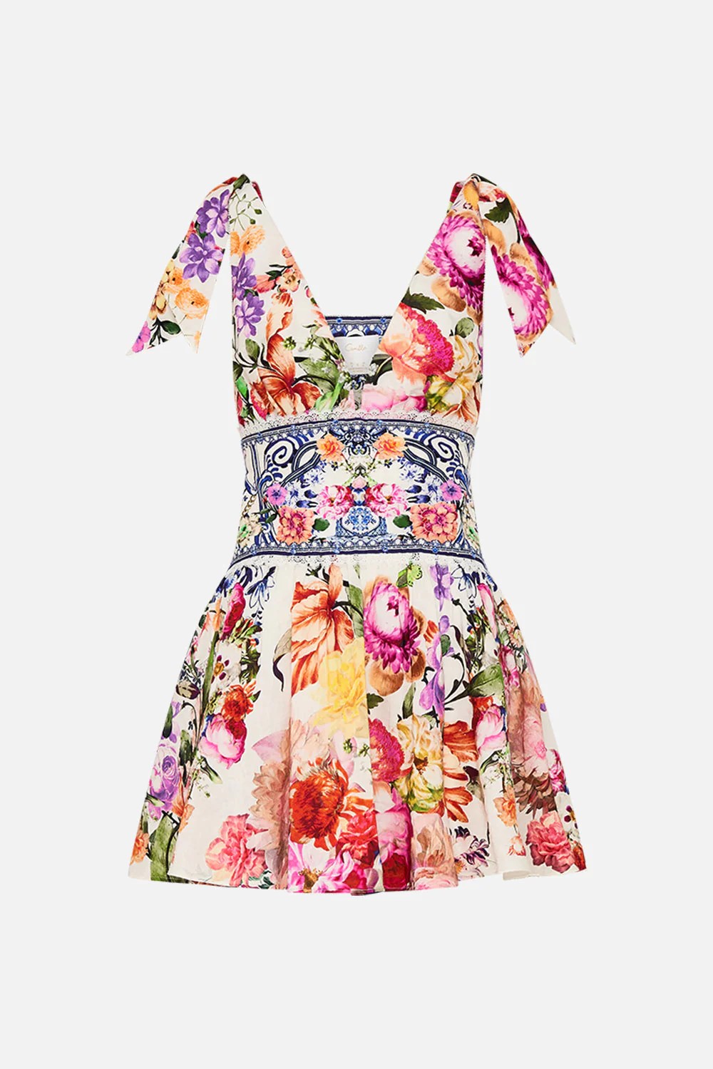 Camilla Tie Shoulder Short Linen Silk Dress, Dutch Is Life Floral