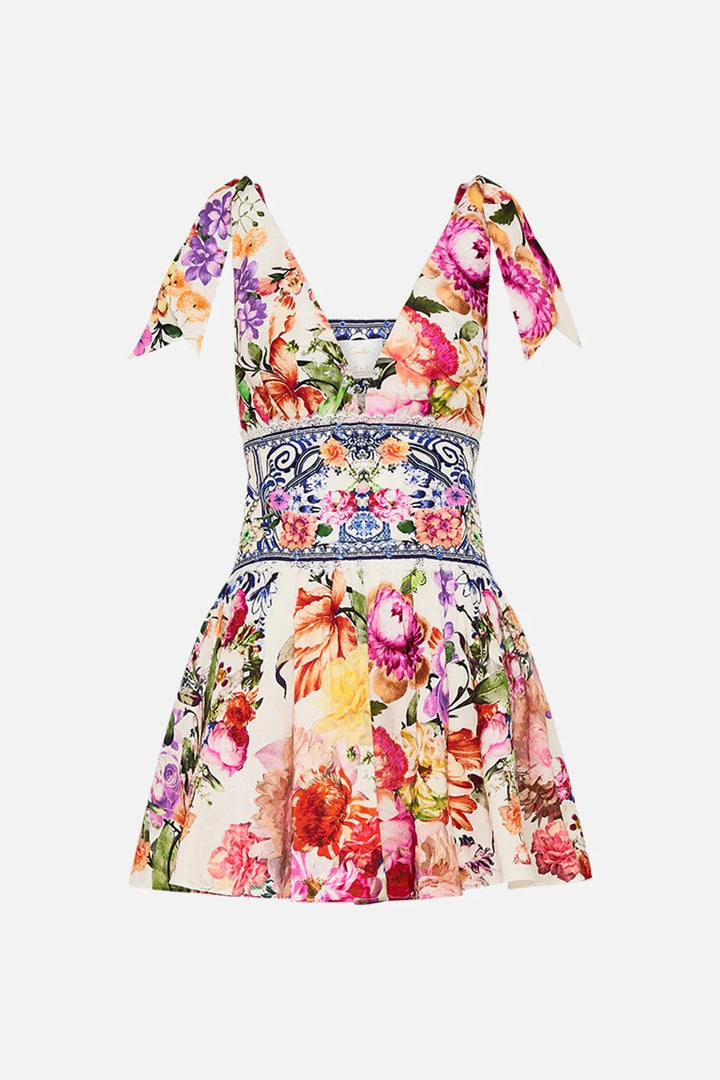 Camilla Tie Shoulder Short Linen Silk Dress, Dutch Is Life Floral