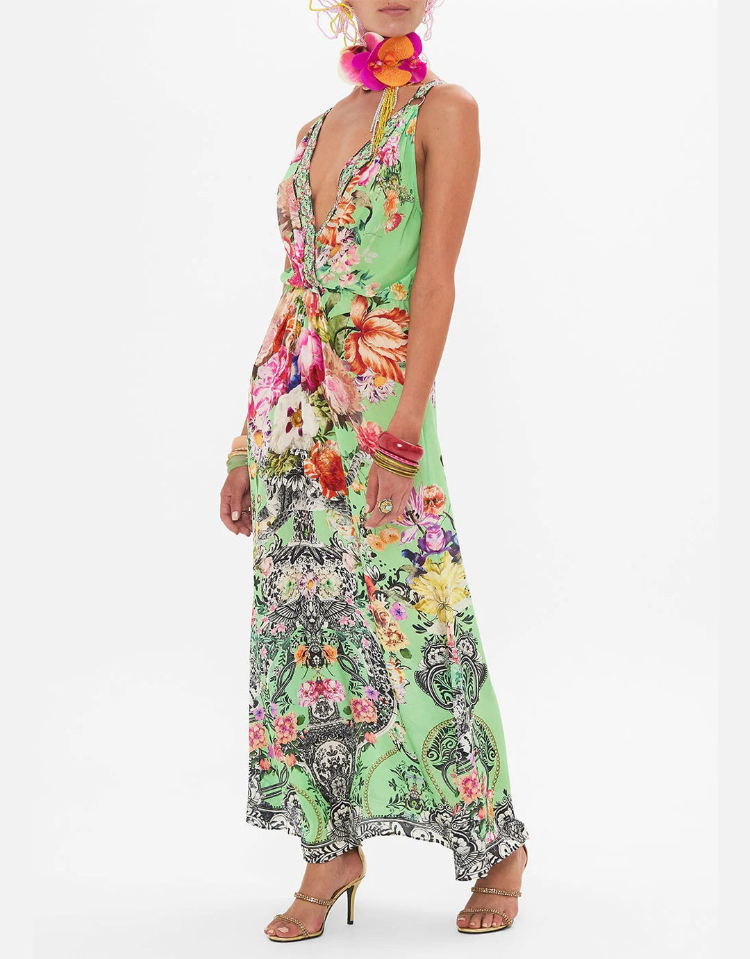 Camilla Twist Front Silk Maxi Dress, Porcelain Dream