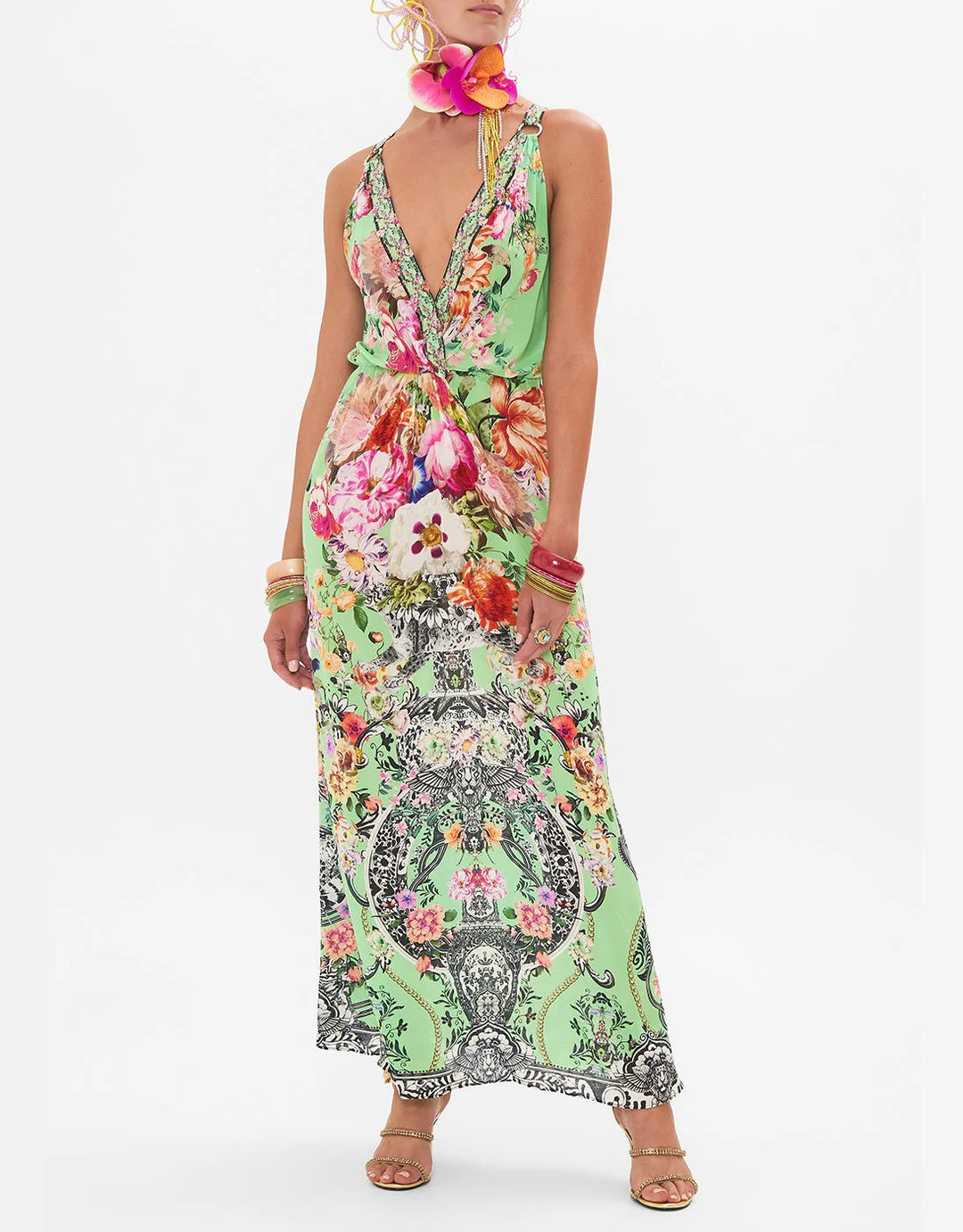 Camilla Twist Front Silk Maxi Dress, Porcelain Dream