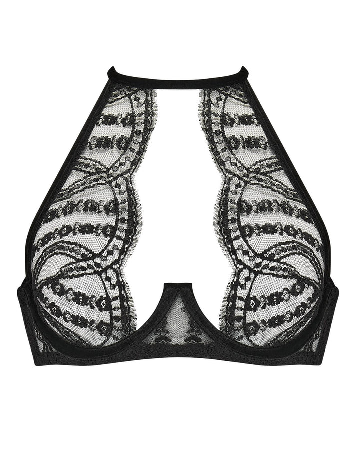 Coco de Mer Kiana High Neck Plunge Bra in black lace and velvet – at Catriona