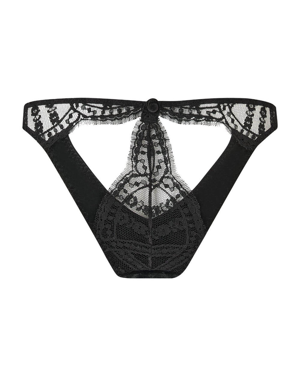 Coco de Mer Kiana Open Brief in black lace and velvet with open-back design – at Catriona