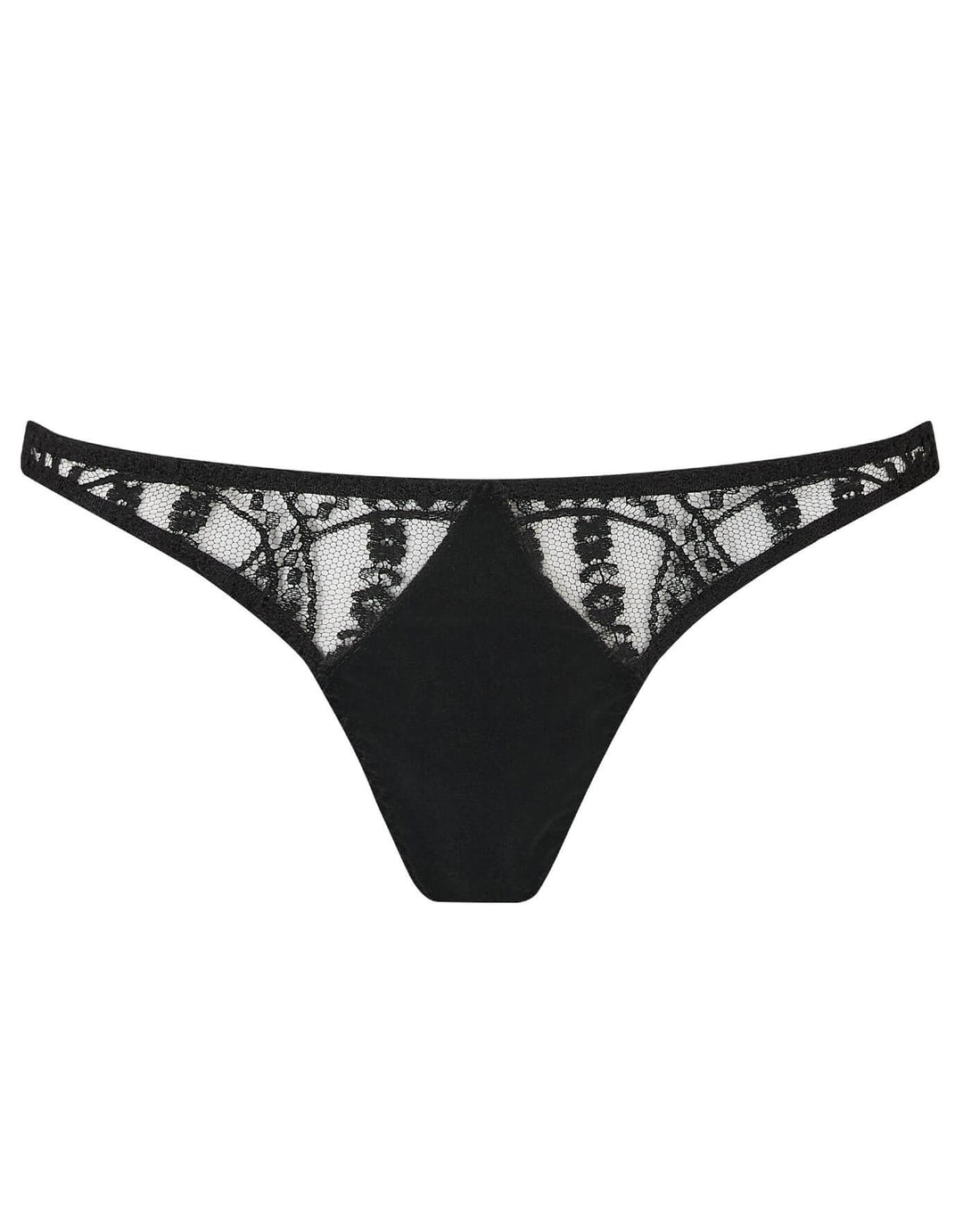 Coco de Mer Kiana Open Brief in black lace and velvet with open-back design – at Catriona