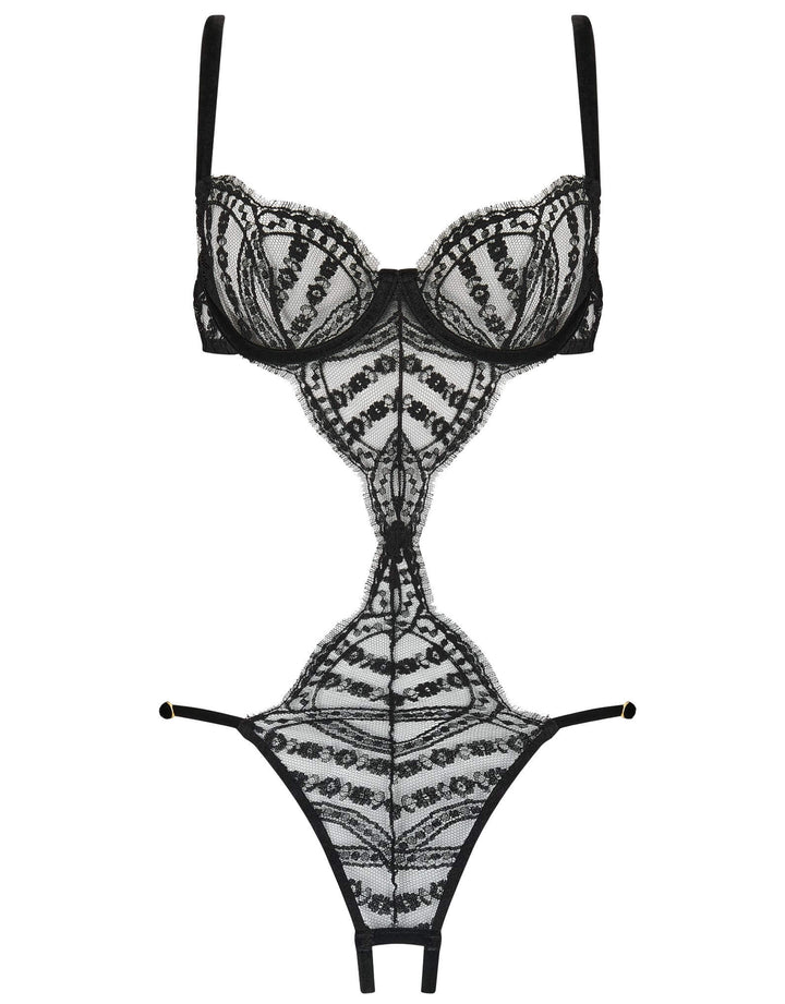 Coco de Mer Kiana Playsuit in French lace and black velvet with plunge bra and open design – at Catriona