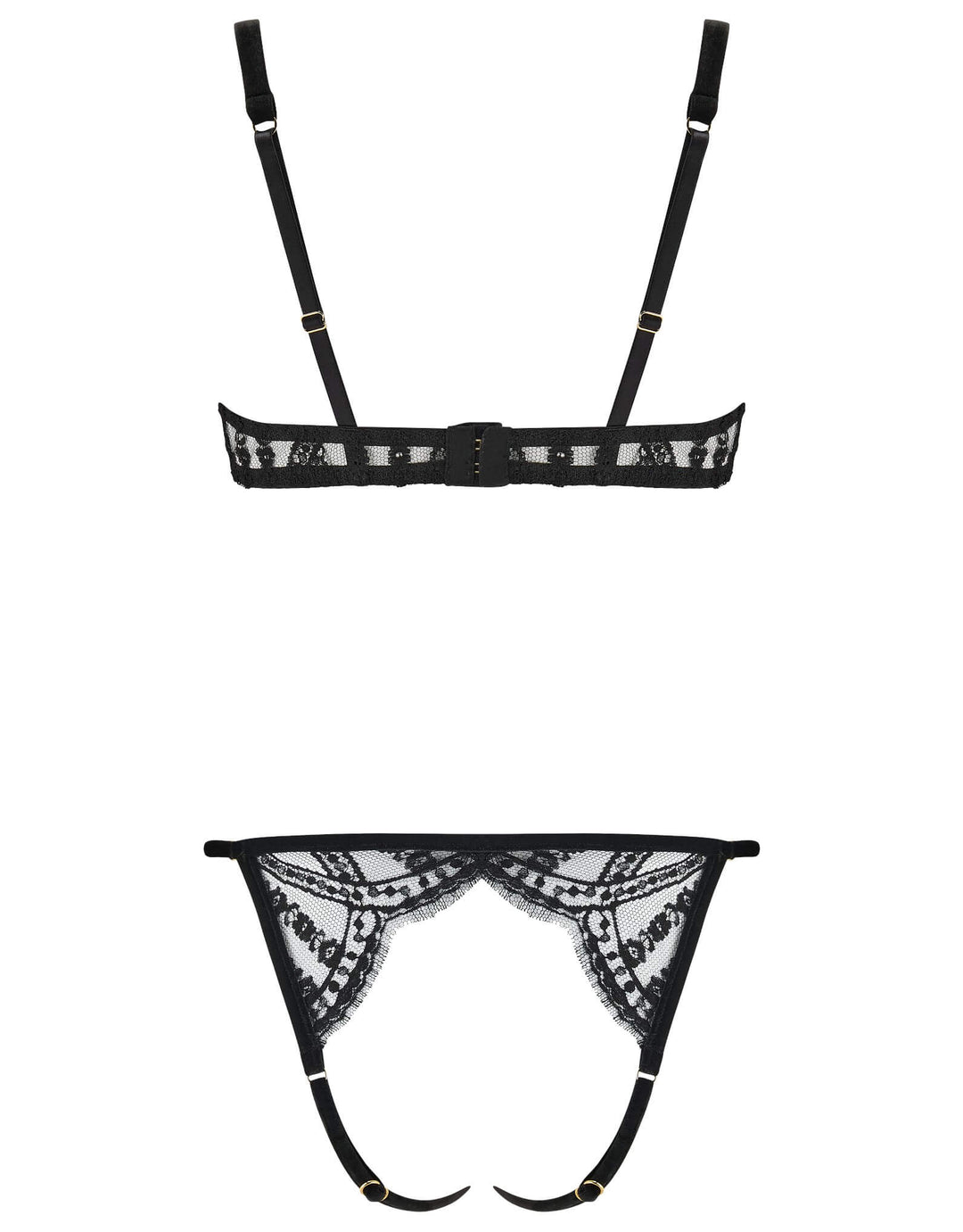 Coco de Mer Kiana Playsuit in French lace and black velvet with plunge bra and open design – at Catriona