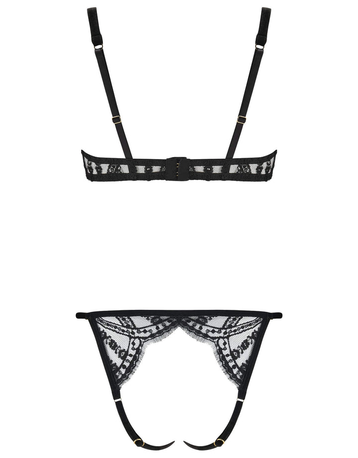 Coco de Mer Kiana Playsuit in French lace and black velvet with plunge bra and open design – at Catriona