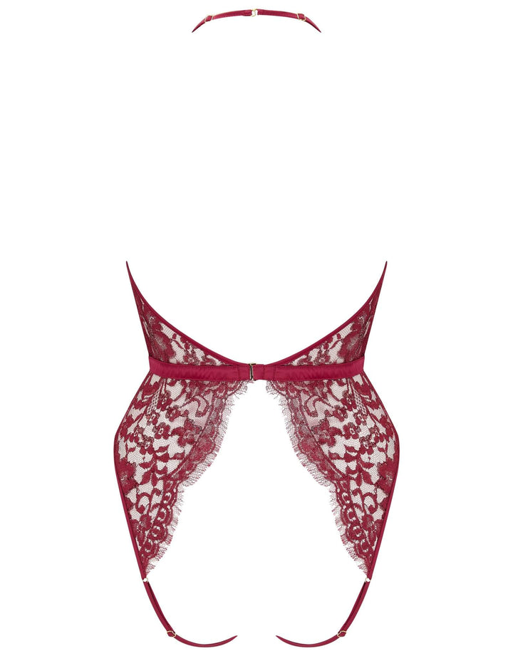 Coco de Mer Naraya Halterneck Open Playsuit in lurex lace and silk with open back – at Catriona